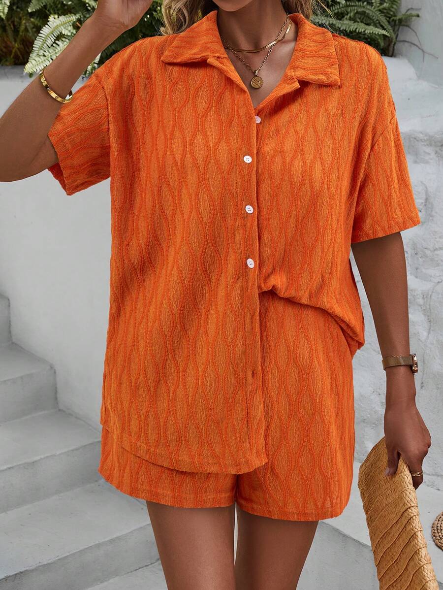 SHEIN VCAY Solid Drop Shoulder Shirt & Shorts - Orange - View 1