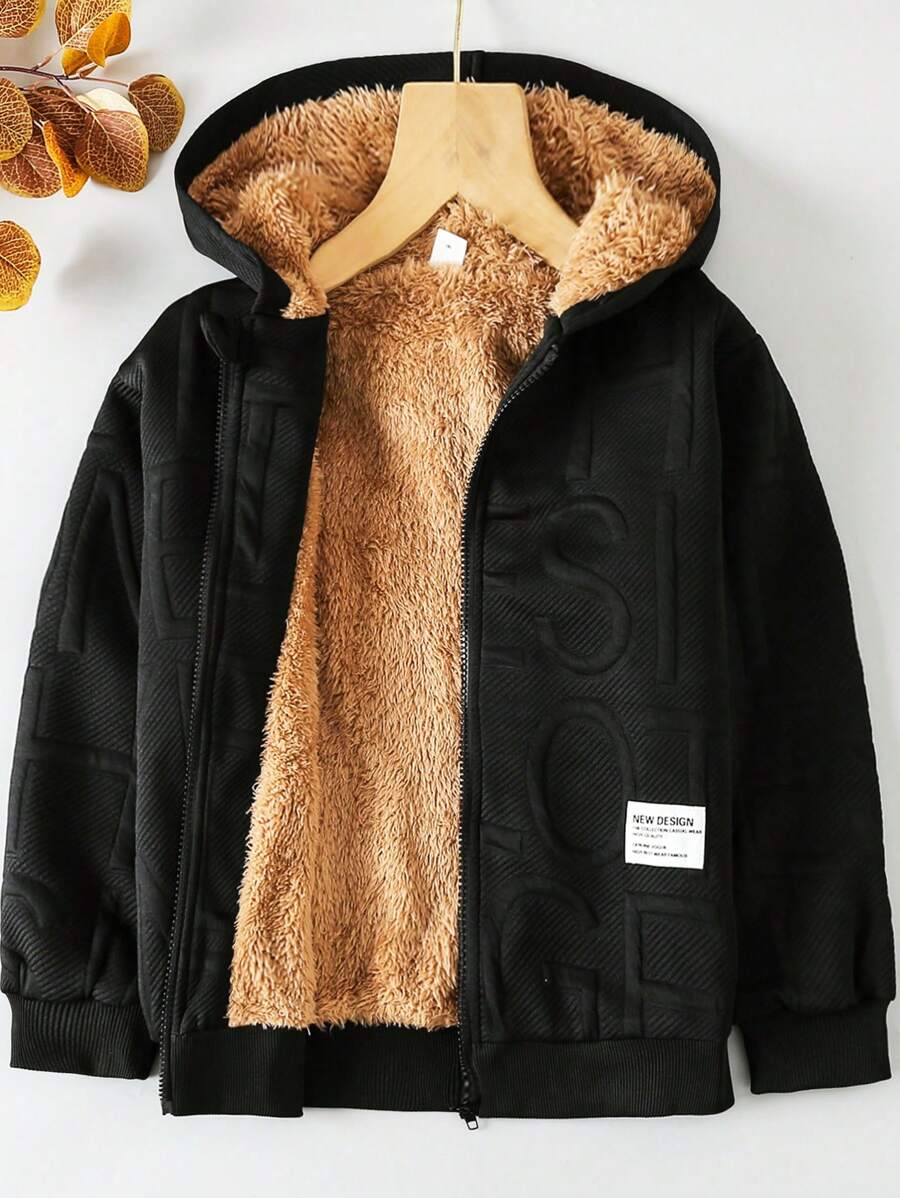 SHEIN Tween Boy Letter Patched Detail Teddy Lined Hooded Jacket - Black - View 1