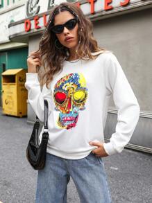 SHEIN Unity 骷髅印花落肩套头卫衣 秋季卫衣 - 白色 - 查看 4