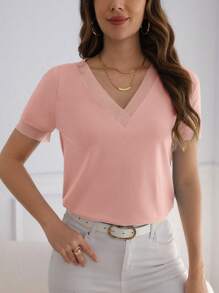 SHEIN Frenchy Camiseta unicolor de cuello V - Rosa vieja - Ver 3