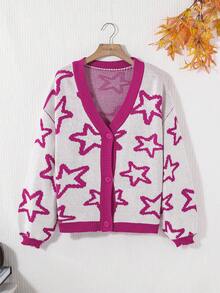 SHEIN 青少年女孩星星圖案落肩袖前紐扣開襟衫 - 彩色 - 查看 4