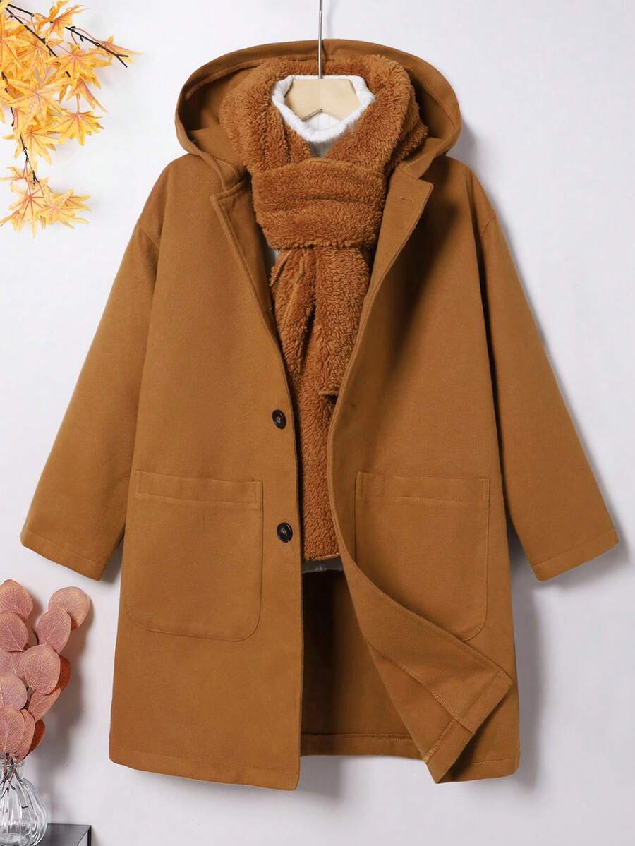 SHEIN 男大童雙口袋前紐扣連帽花呢外套帶圍巾 - 駝色 - 查看 1