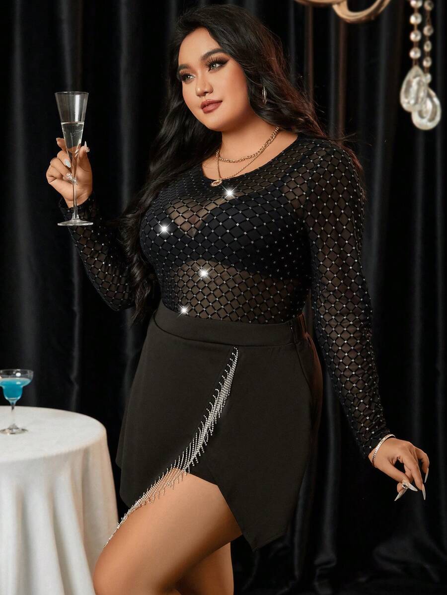 SHEIN Allurite Hơn Pha lê Lưới Áo Không có áo ngực - màu đen - Xem 1