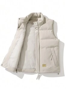Men Letter Patched Detail Drawstring Hem Vest Padded Coat, Warming - Khaki - View 3