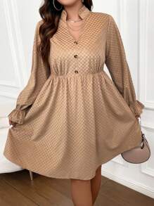 Flirla Plus Button Front Flare Sleeve Dress - Khaki - View 4