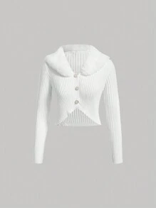 SHEIN MOD Borg Collar Crop Cardigan - White - View 1