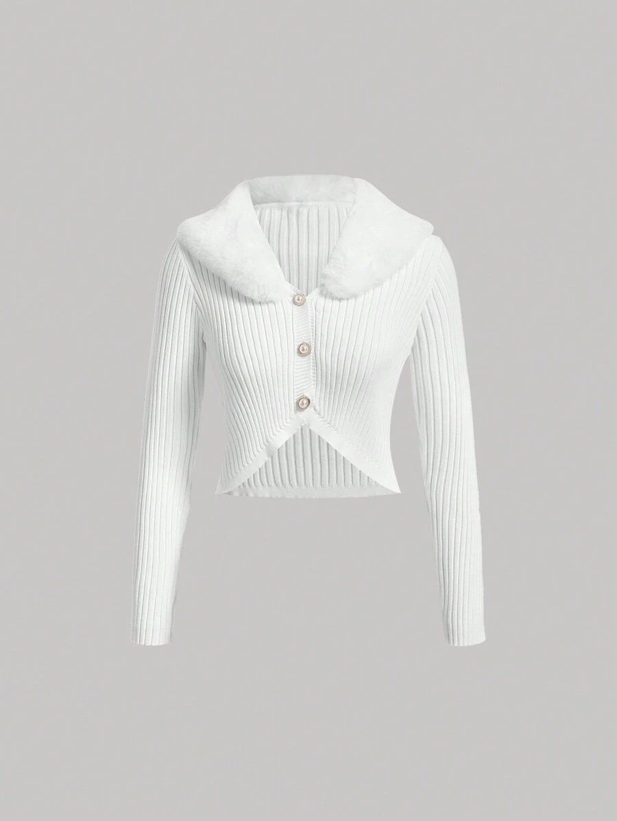 SHEIN MOD Borg Collar Crop Cardigan - White - View 1