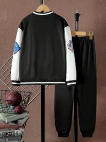 SHEIN Tween Boy Letter Graphic Two Tone Varsity Jacket & Sweatpants Without Tee - Black and White - View 2