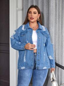 SHEIN LUNE Plus Ripped Flap Pocket Denim Jacket - Light Wash - View 4