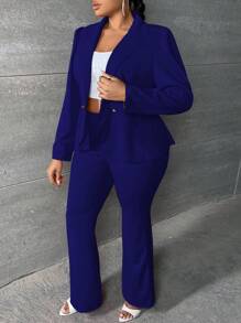SHEIN SXY Plus Solid Blazer & Flare Leg Pants Graduation,Back To School,Teacher Outfits For Women In Fall/Winter - Royal Blue - View 4