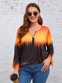Plus Brush Print Flare Sleeve Tee - Multicolor - View 4