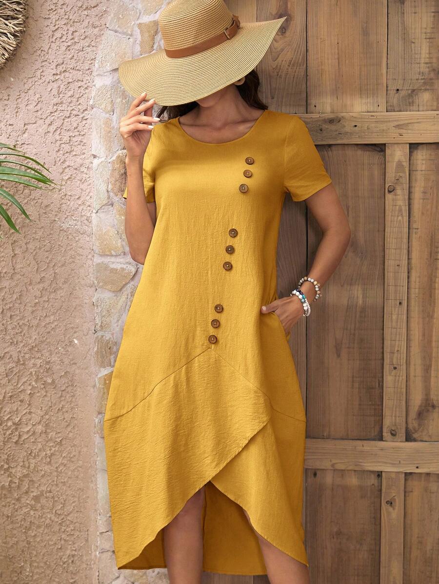 EMERY ROSE Button Detail Hidden Pocket Asymmetrical Hem Dress - Mustard Yellow - View 1