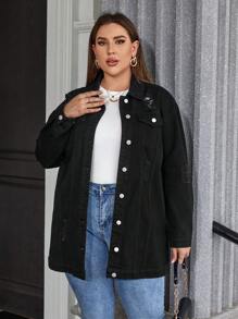 SHEIN Essnce Plus Flap Pocket Drop Shoulder Denim Coat - Black - View 3
