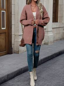 SHEIN Unity Drop Shoulder Button Front Cardigan - Dusty Pink - View 1