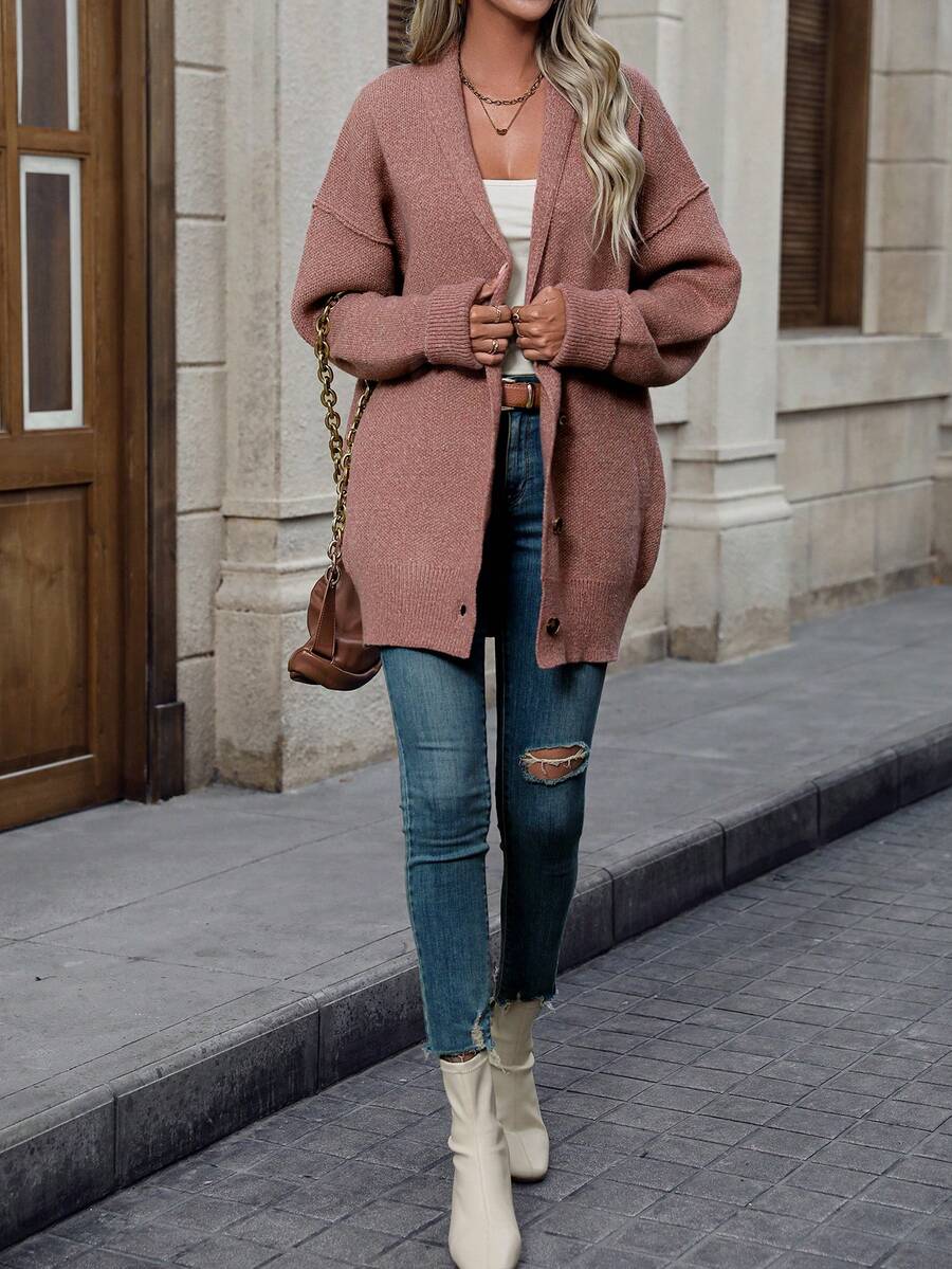 SHEIN Unity Drop Shoulder Button Front Cardigan - Dusty Pink - View 1