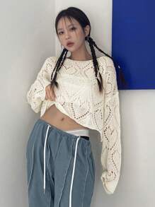 DAZY Solid Drop Shoulder Crop Sweater - Beige - View 7