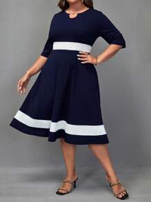 Chikora Plus Contrast Panel Notched Neckline Dress