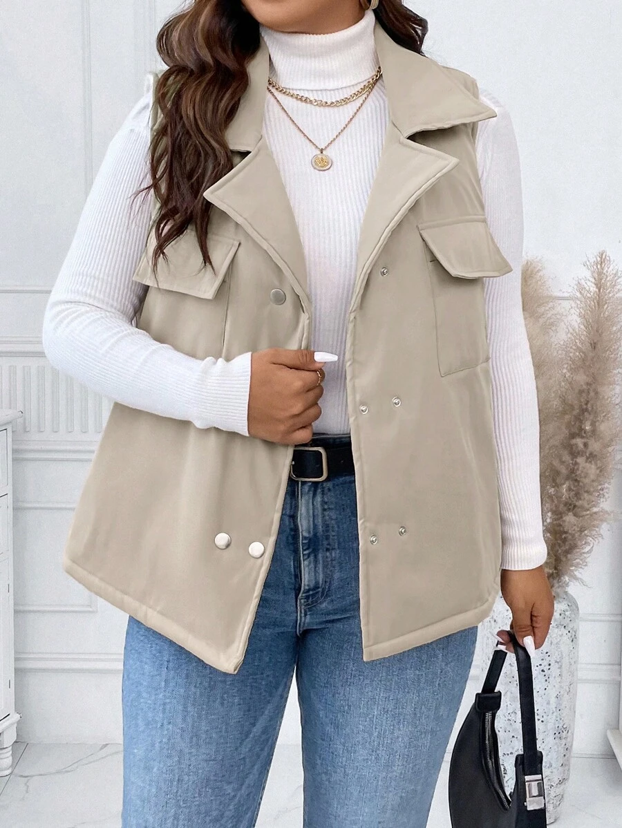 SHEIN Unity Chaleco acolchado de talla grande con doble botonadura y bolsillo con solapa, ropa de invierno - Caqui - Ver 1