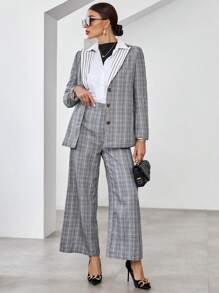 SHEIN Privé Plaid Print Lapel Neck Blazer & Wide Leg Pants - Multicolor - View 5