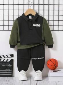 SHEIN Baby Boy Slogan Graphic Colorblock Sweatshirt & Sweatpants - Multicolor - View 2