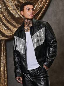 GENTILAND Áo khoác da PU viền tua rua dáng rộng cho nam - màu đen - Xem 1