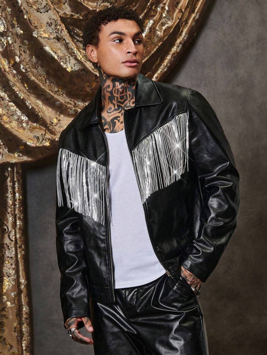 GENTILAND Áo khoác da PU viền tua rua dáng rộng cho nam - màu đen - Xem 1