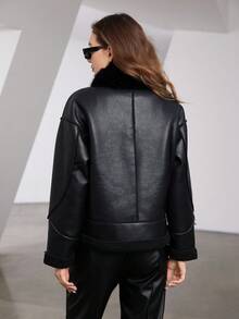 Zip Up PU Leather Jacket - Black - View 2