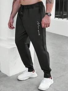 Manfinity Homme Men Plus Letter Graphic Drawstring Waist Sweatpants - Black - View 3