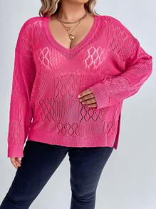 SHEIN LUNE Plus Pointelle Knit Drop Shoulder Split Hem Sweater Without Bra Knit Pullover Fall Winter Sweater - Hot Pink - View 6