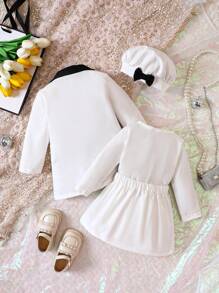 Baby Girl Contrast Lapel Neck Coat & Skirt & Solid Tee & Hat - Black and White - View 2