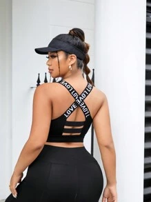 Easithlete Plus Letter Graphic Sports Bra - Black - View 2