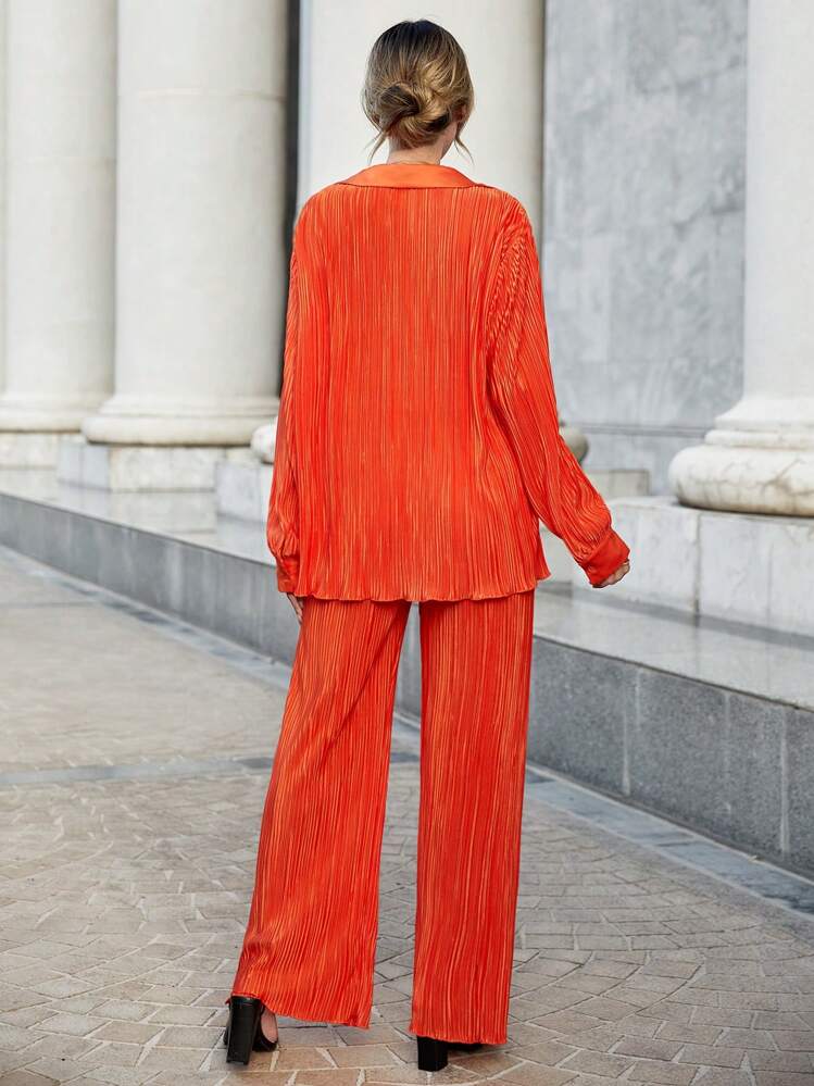SHEIN Essnce Solid Button Front Shirt & Wide Leg Pants - Orange - View 2