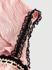 ROMWE Kawaii Top con encaje en contraste con diseño de nudo ribete con fruncido - Rosa - Ver 4