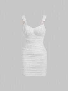 SHEIN MOD Solid Ruched Bustier Bodycon Dress - White - View 1