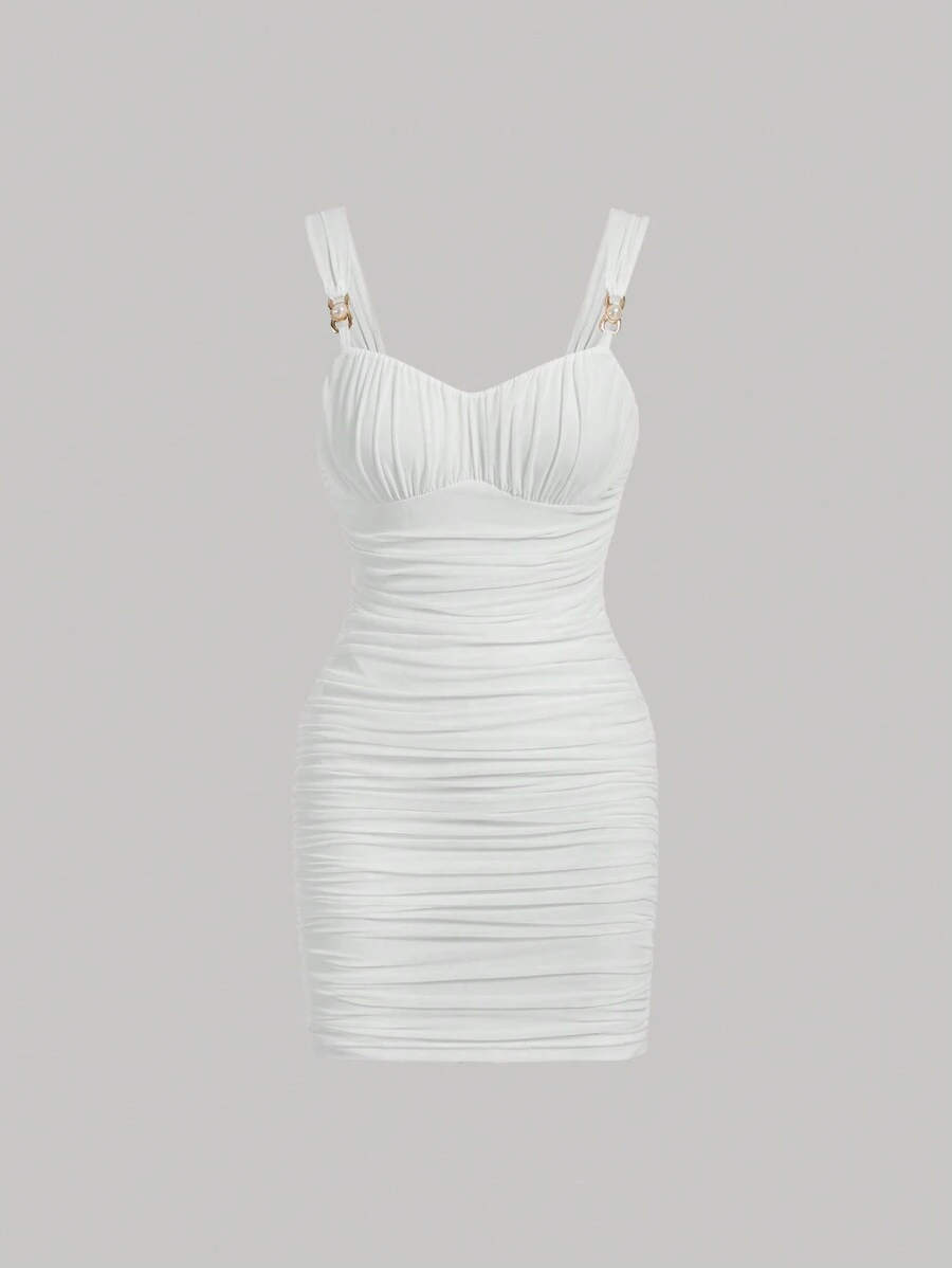 SHEIN MOD Solid Ruched Bustier Bodycon Dress - White - View 1