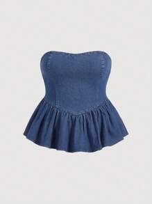 SHEIN MOD Plus Ruffle Hem Denim Tube Top - Medium Wash - View 1