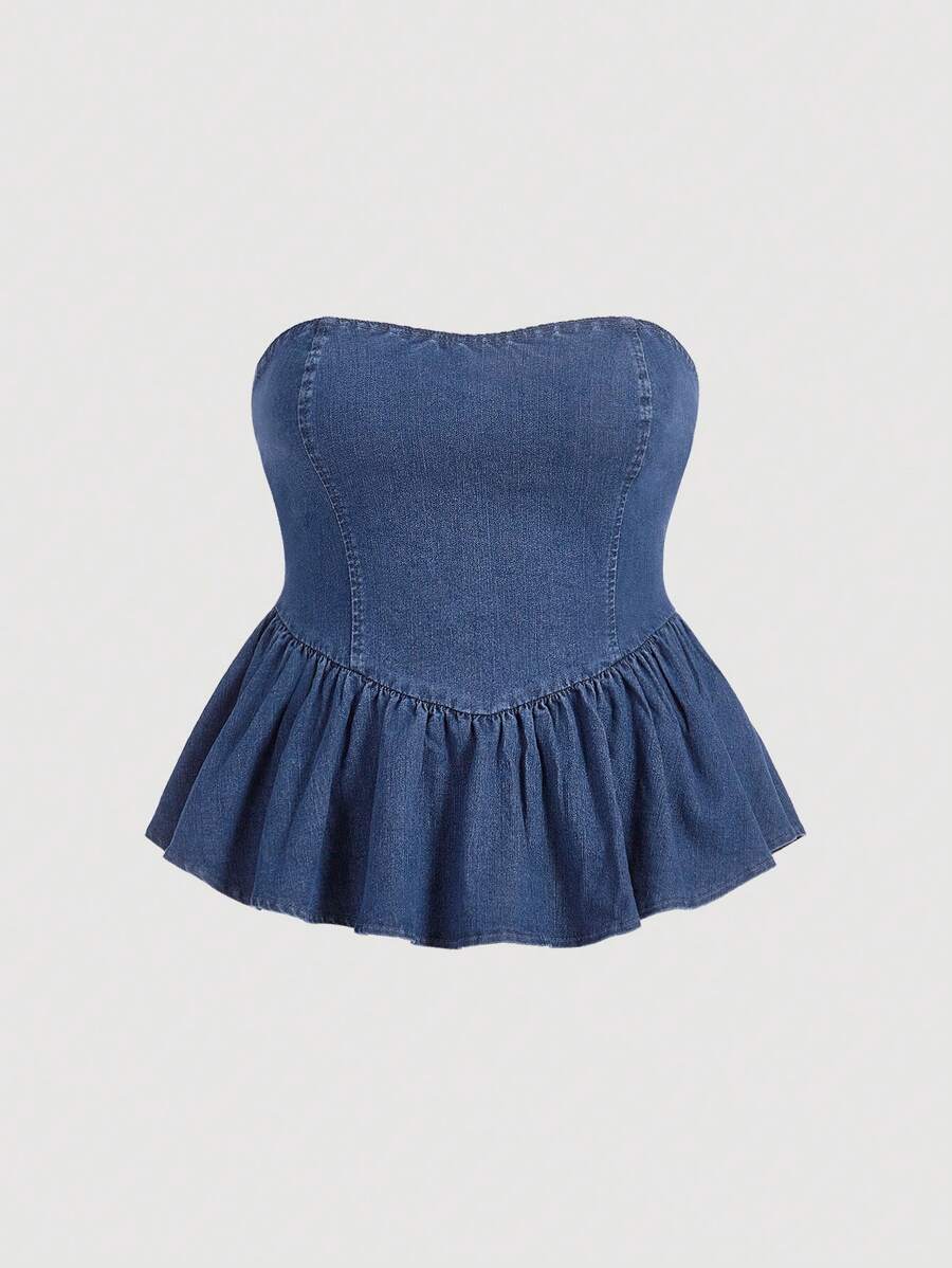 SHEIN MOD Plus Ruffle Hem Denim Tube Top - Medium Wash - View 1