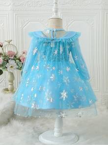 Bebé niña Vestido de fiesta estampado de copo de nieve ribete con fruncido con malla - Azul - Ver 2