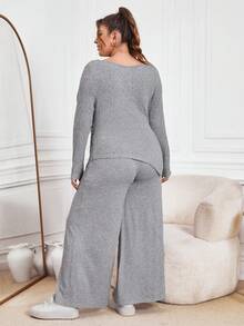 SHEIN Essnce 大碼不對稱領下擺開叉T恤&闊腿褲 - 淺灰色 - 查看 2