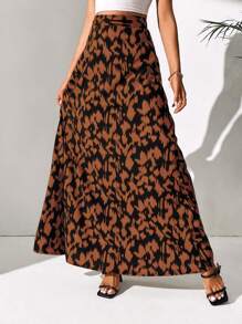 SHEIN Tall Allover Print High Waist Maxi Skirt - Coffee Brown - View 1