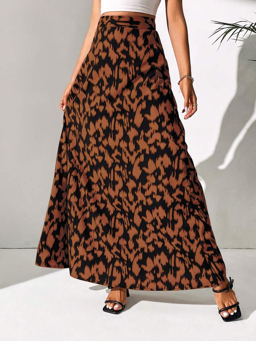 SHEIN Tall Allover Print High Waist Maxi Skirt - Coffee Brown - View 1