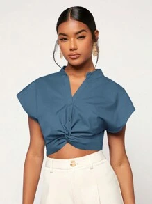 SHEIN Essnce 前扭結蝙蝠袖短款襯衫 - 霧霾藍 - 查看 1