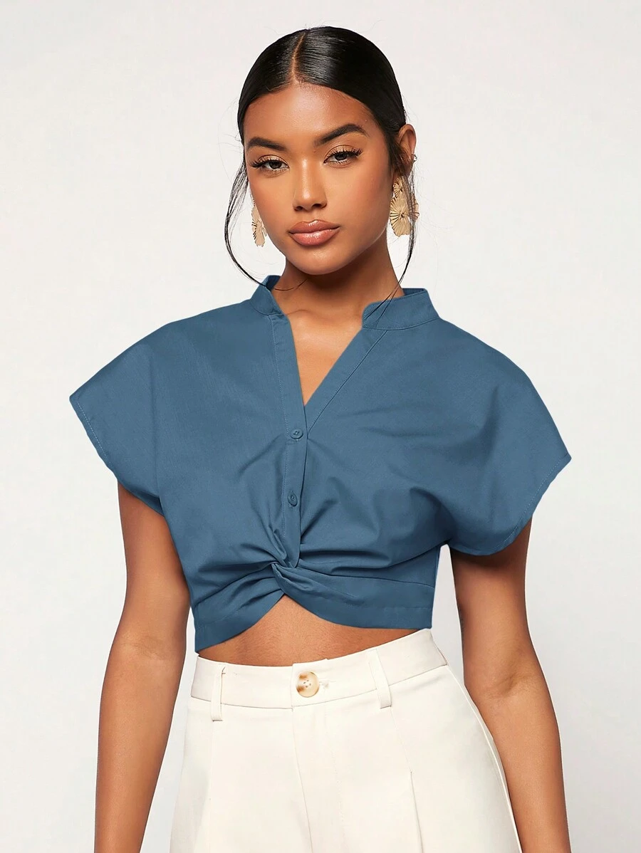 SHEIN Essnce 前扭結蝙蝠袖短款襯衫 - 霧霾藍 - 查看 1