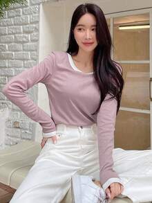 DAZY 拼接邊T恤 - 粉色 - 查看 4