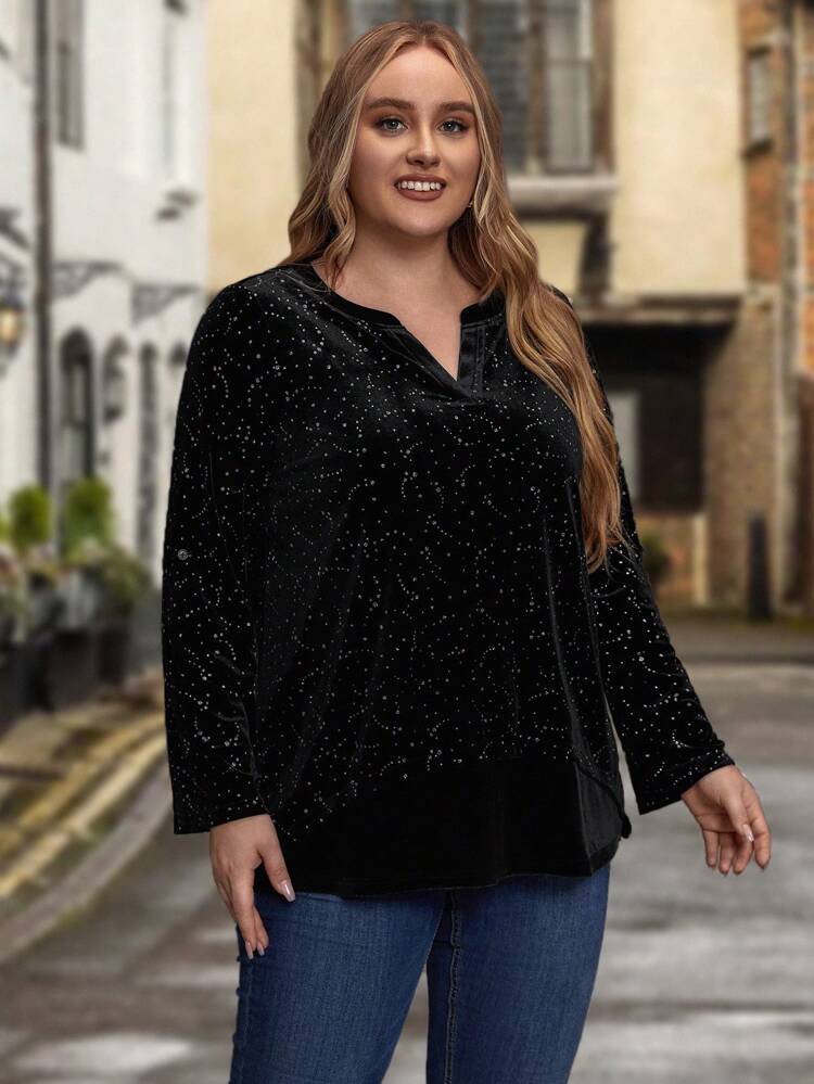 Plus Notched Neck Roll Tab Sleeve Velvet Blouse
