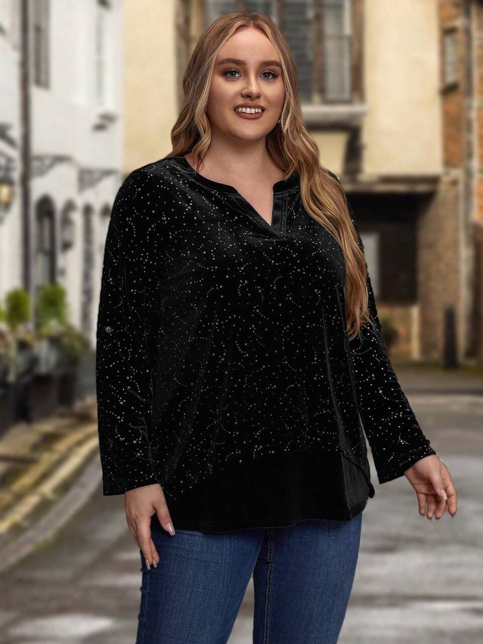 Plus Notched Neck Roll Tab Sleeve Velvet Blouse