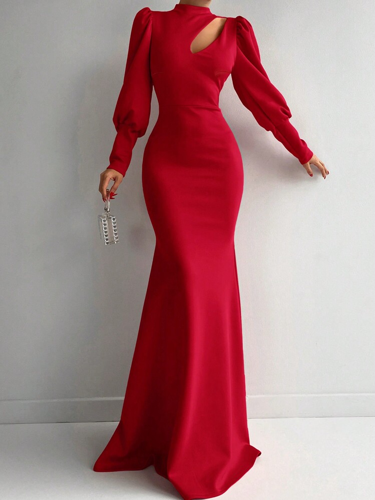 EURMUSE 鏤空小高領羊腿袖魚尾裙下擺連衣裙 - 紅色 - 查看 1