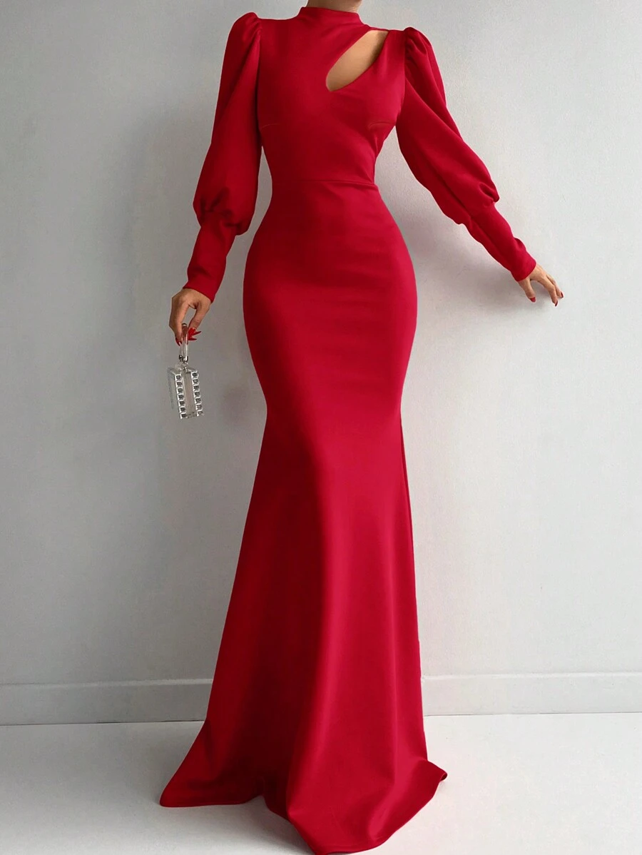 EURMUSE Women's Solid Color Mandarin Collar Hollow Out Gigot Sleeve Fishtail Hem Elegant Dress - Red - View 1