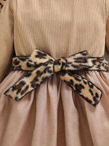 SHEIN Young Girl Leopard Print Jacket & Mock Neck Belted Dress - Khaki - View 4