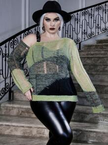 Flirla Plus Halloween Colorblock Asymmetrical Neck Buckle Strap Detail Sweater Knit Pullover Fall Winter Sweater - Multicolor - View 7